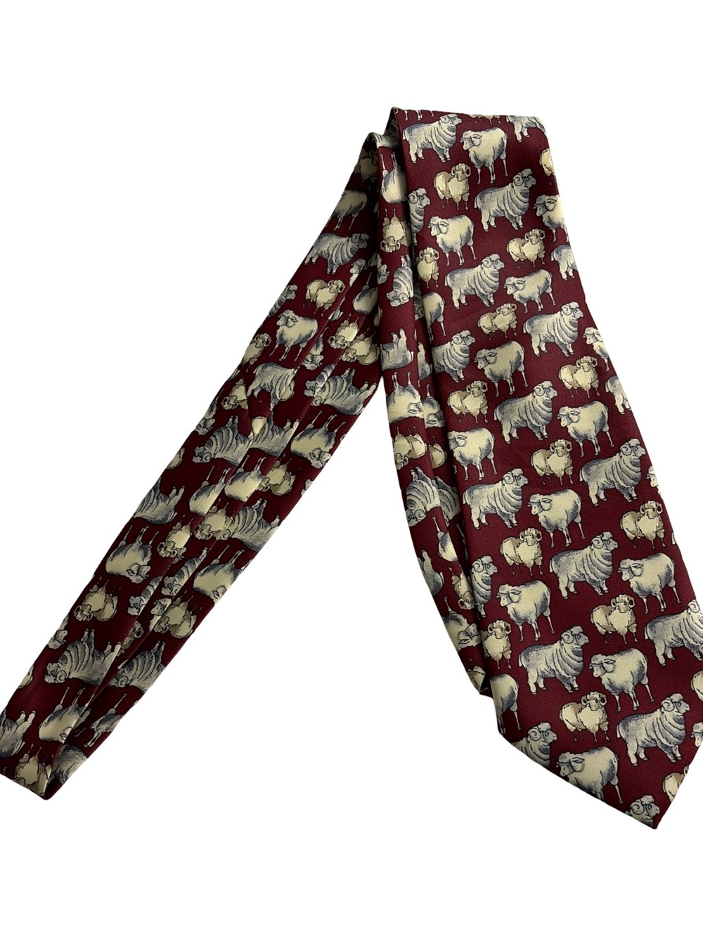 Rene Chagal Handmade Silk Novelty Sheep Pattern Burgundy Tie